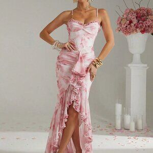 Pink Elegant Bohemian Watercolor Tie Dye Women's Swimsuit Dress with Ruffle Hem